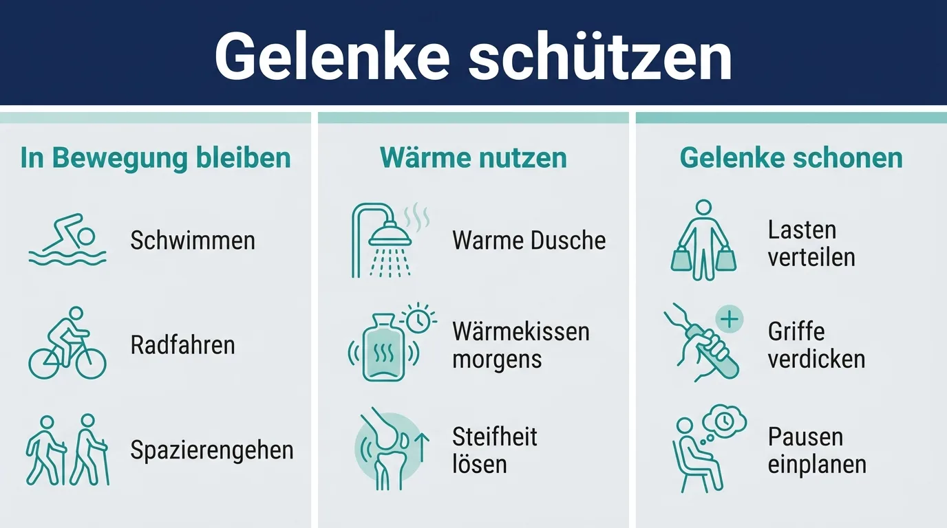 Infografik mit drei Alltagshebeln bei rheumatoider Arthritis: in Bewegung bleiben, Wärme nutzen und die Gelenke schonen.