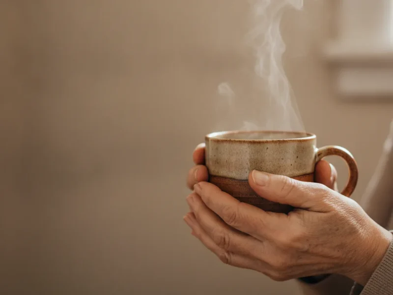 Nahaufnahme älterer Hände, die vorsichtig eine warme Tasse halten, Symbol für den Alltag mit rheumatoider Arthritis.