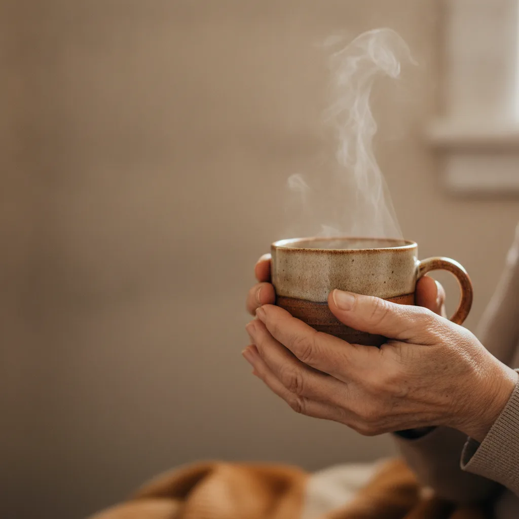 Nahaufnahme älterer Hände, die vorsichtig eine warme Tasse halten, Symbol für den Alltag mit rheumatoider Arthritis.