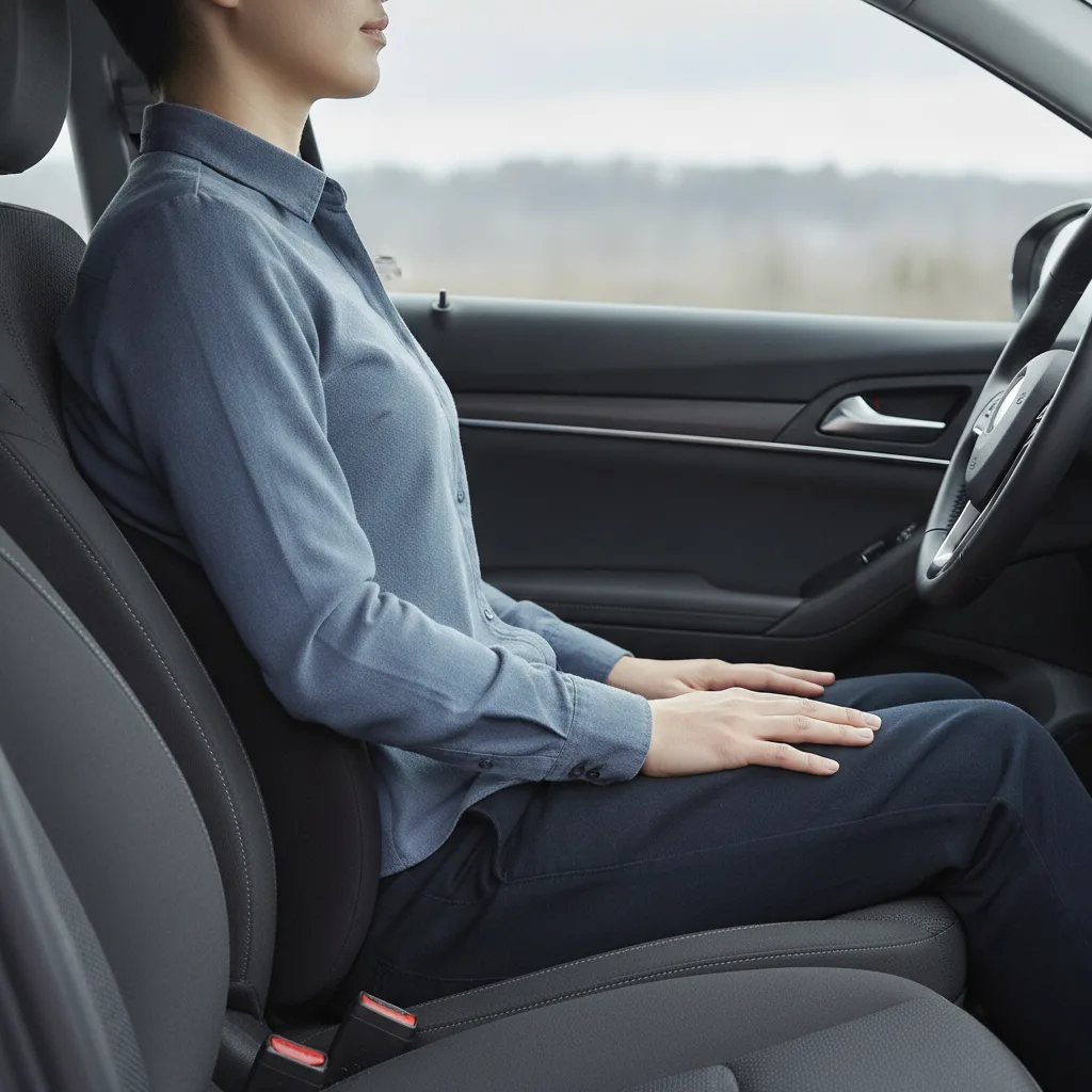 Seitliche Ansicht einer Person, die mit aufrechter Haltung und gestütztem unterem Rücken im Autositz sitzt.