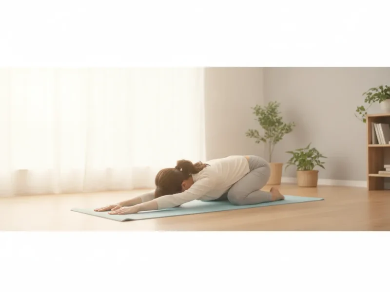 Eine Frau dehnt entspannt ihren Rücken in der Kindhaltung auf einer Yogamatte in einem hellen Raum.