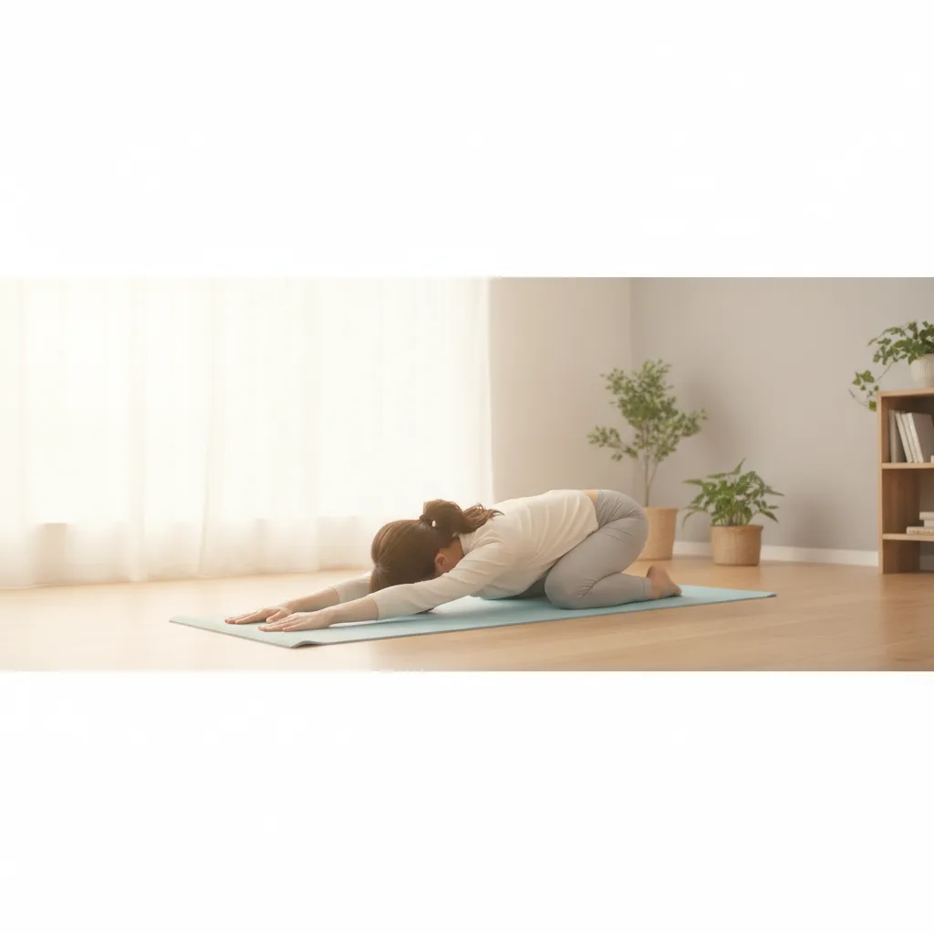 Eine Frau dehnt entspannt ihren Rücken in der Kindhaltung auf einer Yogamatte in einem hellen Raum.