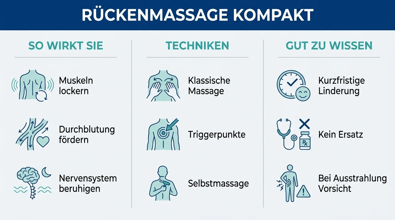 Infografik erklärt in drei Abschnitten Wirkung, Techniken und wichtige Hinweise zur Rückenmassage.