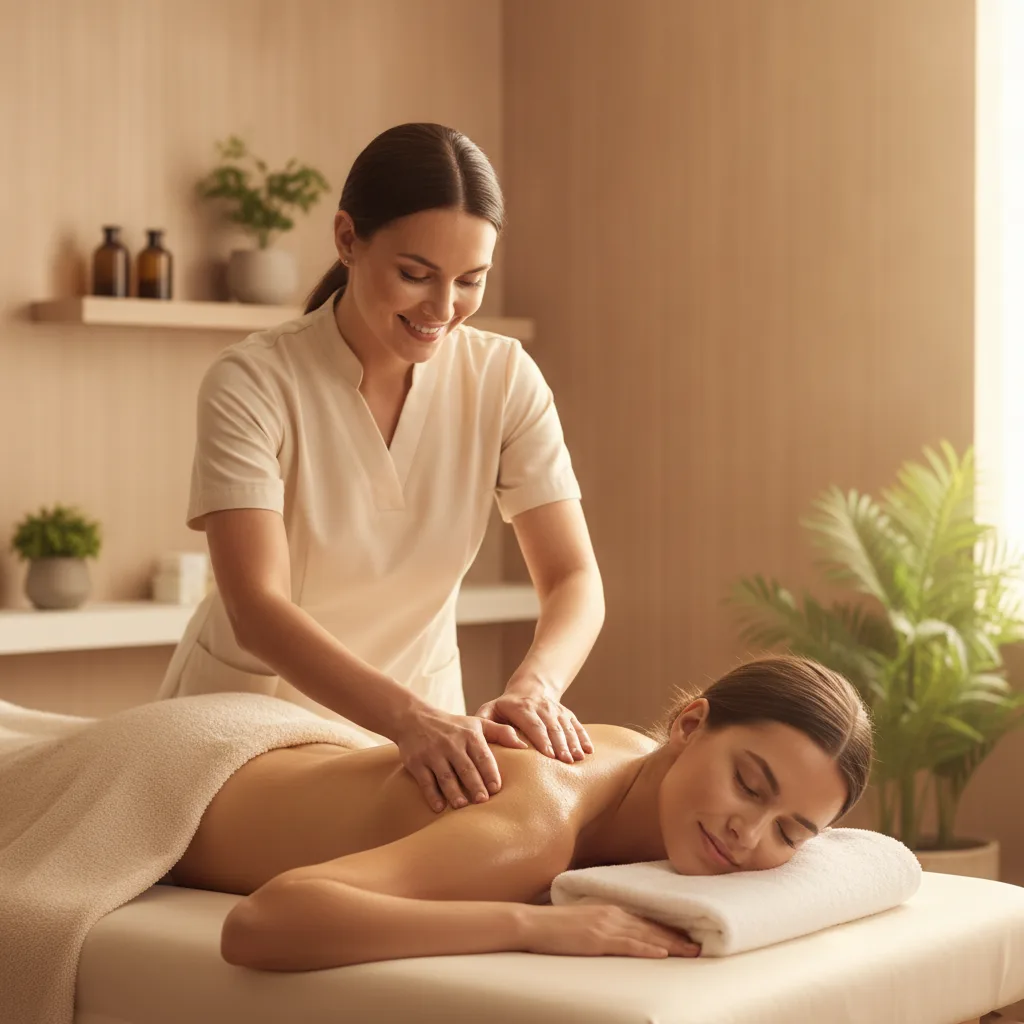 Eine Masseurin löst mit beiden Händen die verspannte Rückenmuskulatur einer entspannt liegenden Person.