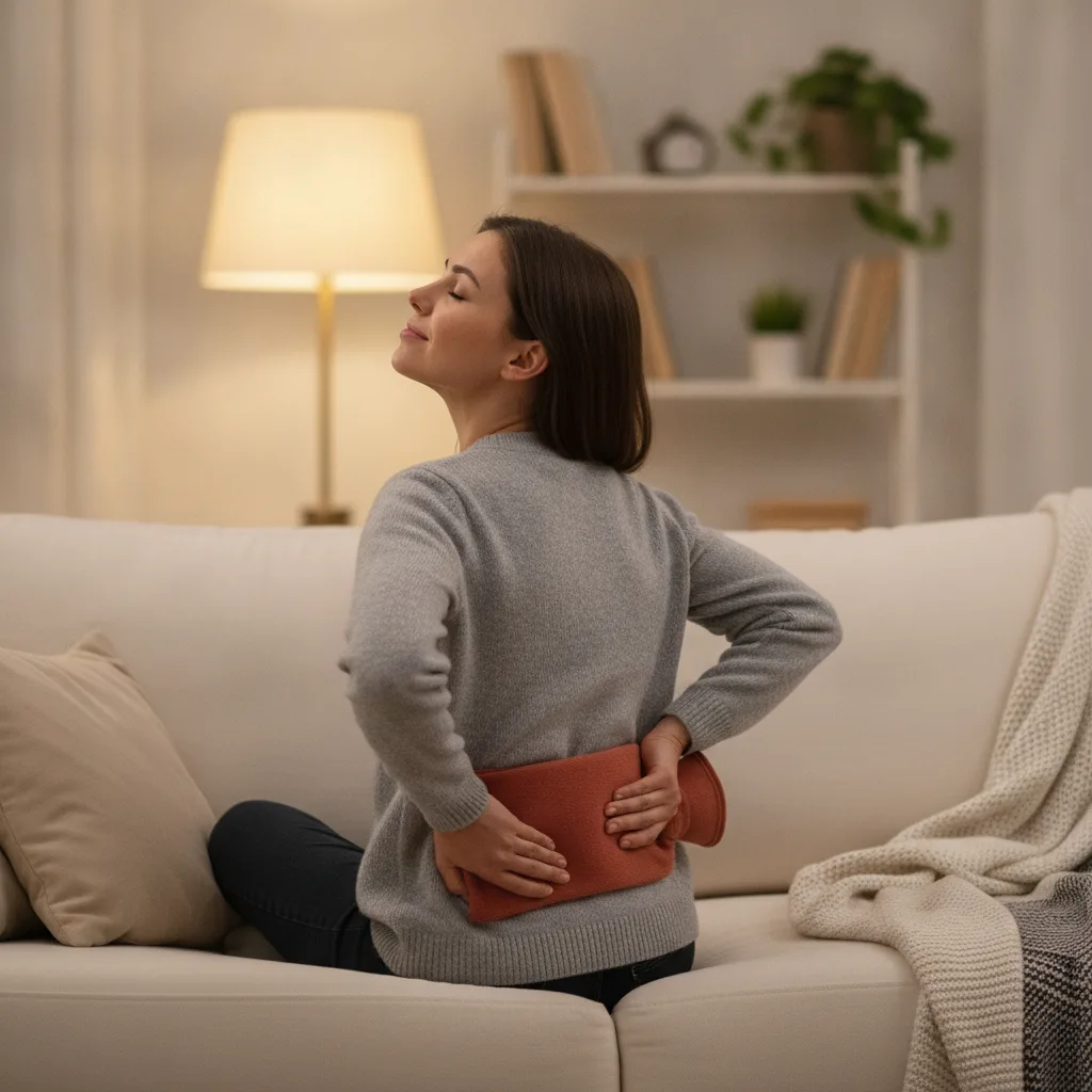 Person legt sich vor der Massage eine Wärmflasche auf den unteren Rücken zur Entspannung der Muskulatur.