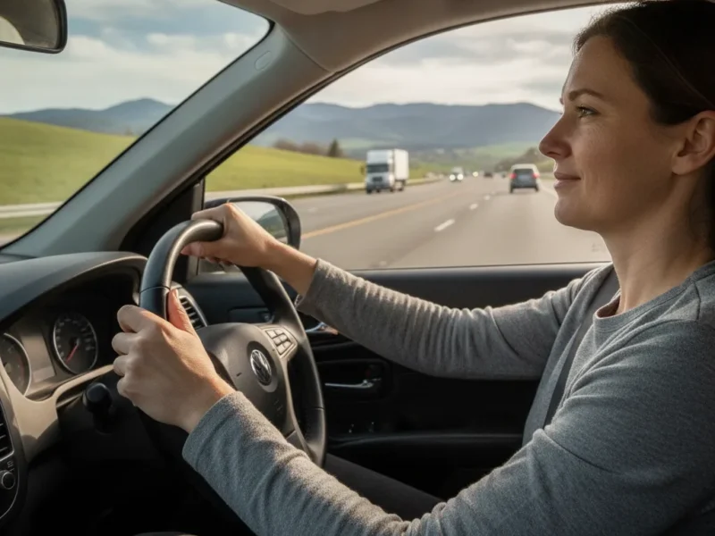 Ein Fahrer sitzt aufrecht und entspannt am Steuer während einer langen Autofahrt auf der Autobahn.