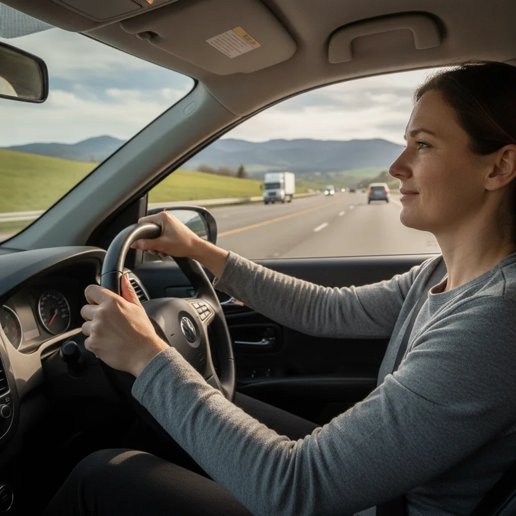 Ein Fahrer sitzt aufrecht und entspannt am Steuer während einer langen Autofahrt auf der Autobahn.
