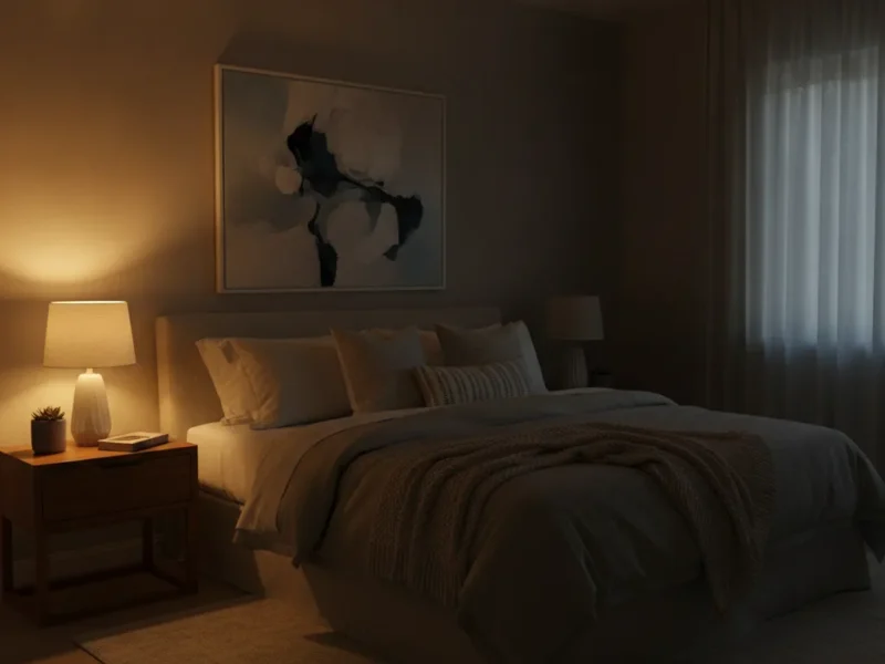 Ruhiges, abgedunkeltes Schlafzimmer bei Nacht mit warmem Nachttischlicht als Sinnbild für gesunden Schlaf.