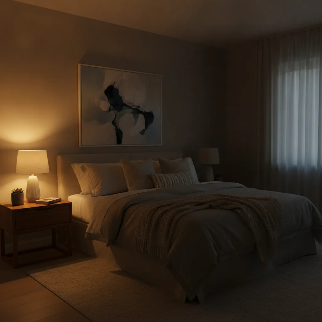 Ruhiges, abgedunkeltes Schlafzimmer bei Nacht mit warmem Nachttischlicht als Sinnbild für gesunden Schlaf.