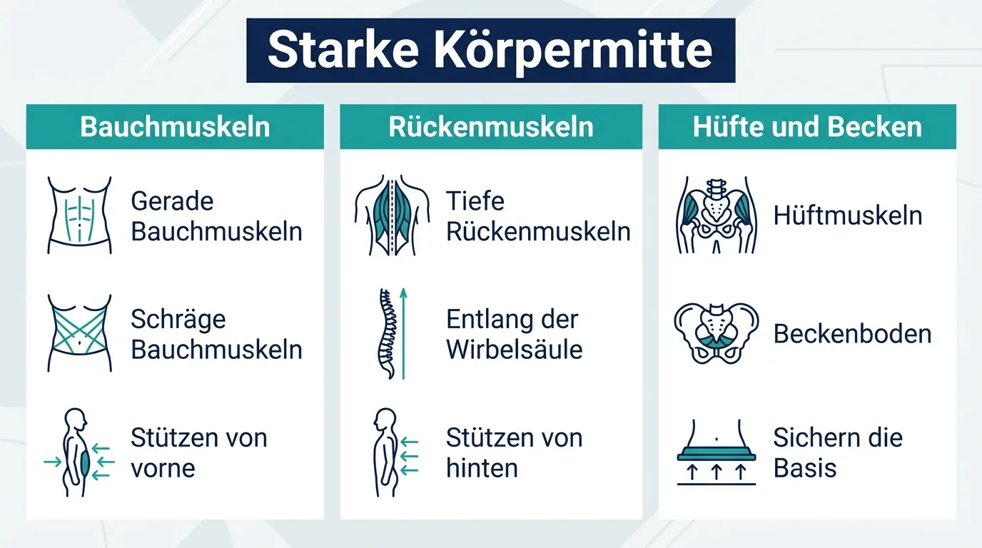 Infografik zeigt die drei Muskelgruppen der Körpermitte, die zusammen die Wirbelsäule stützen: Bauch, Rücken sowie Hüfte und Becken