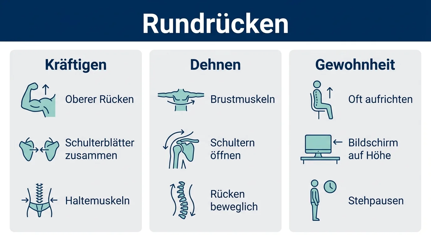Infografik mit den drei Säulen gegen den Rundrücken: kräftigen, dehnen und die Gewohnheit, sich aufzurichten.