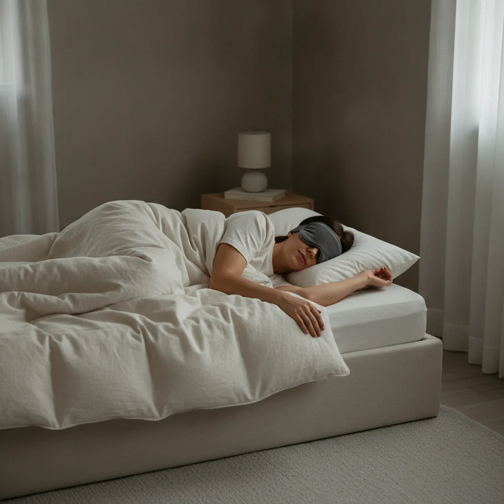 Entspannt schlafende Person mit Schlafmaske in einem dunklen, ruhigen Schlafzimmer.