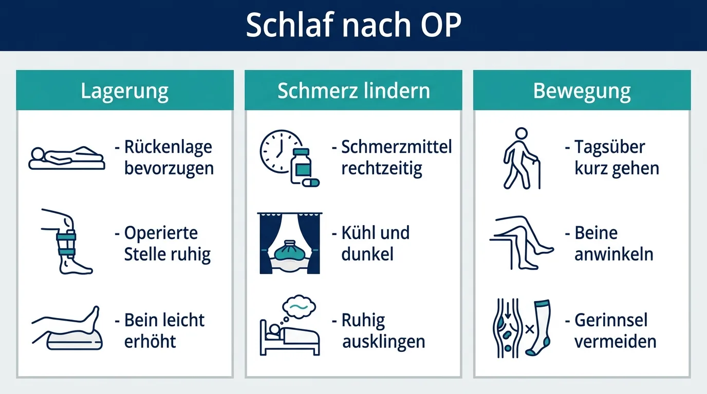 Infografik mit den wichtigsten Regeln für sicheren Schlaf nach einer Operation zu Lagerung, Schmerz und Bewegung