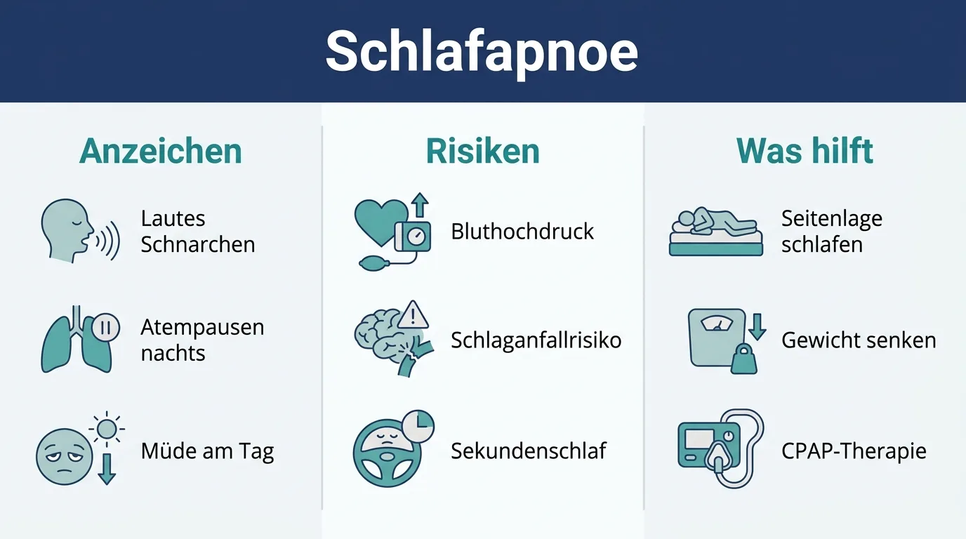 Infografik zu Schlafapnoe mit Anzeichen, Risiken und hilfreichen Maßnahmen.