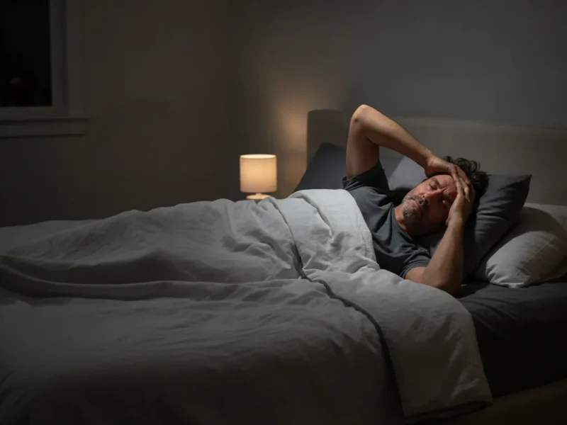 Erschöpfter Mann liegt wach im Bett und fasst sich müde an die Stirn.