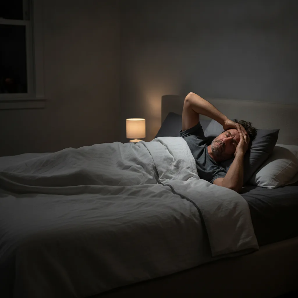 Erschöpfter Mann liegt wach im Bett und fasst sich müde an die Stirn.