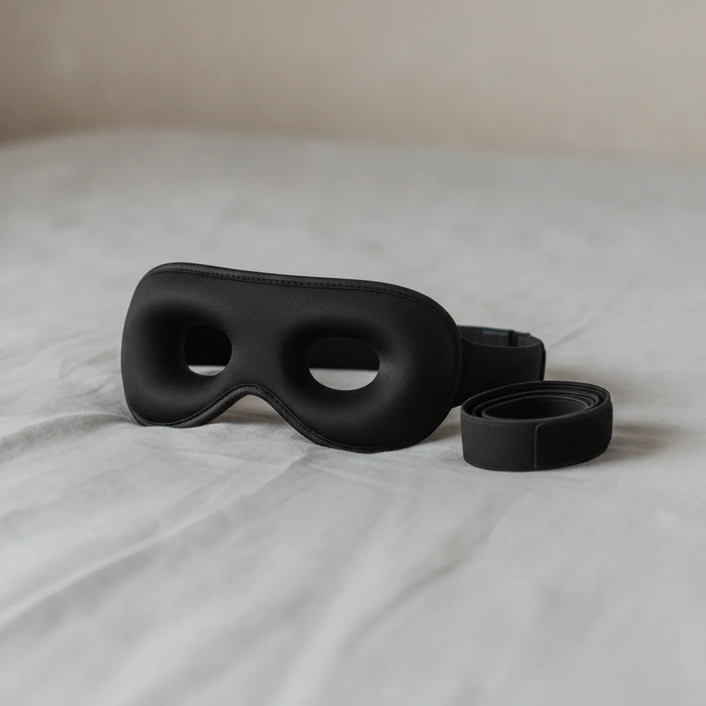 Konturierte 3D-Schlafmaske mit ausgeformten Augenhöhlen und verstellbarem Band auf heller Bettwäsche.