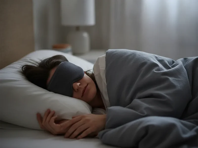 Schlafende Person mit dunkler Schlafmaske in einem ruhigen, abgedunkelten Schlafzimmer.