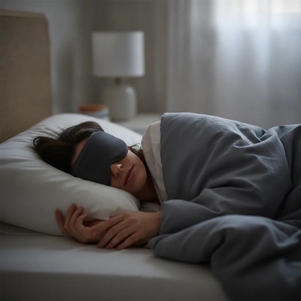 Schlafende Person mit dunkler Schlafmaske in einem ruhigen, abgedunkelten Schlafzimmer.