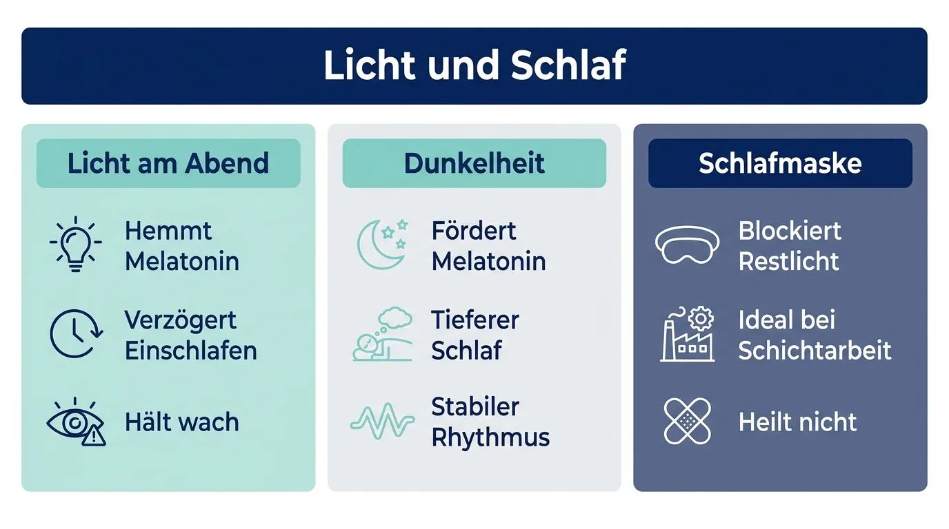 Infografik, die zeigt, wie Licht am Abend Melatonin hemmt, während Dunkelheit und eine Schlafmaske die Melatoninbildung fördern.
