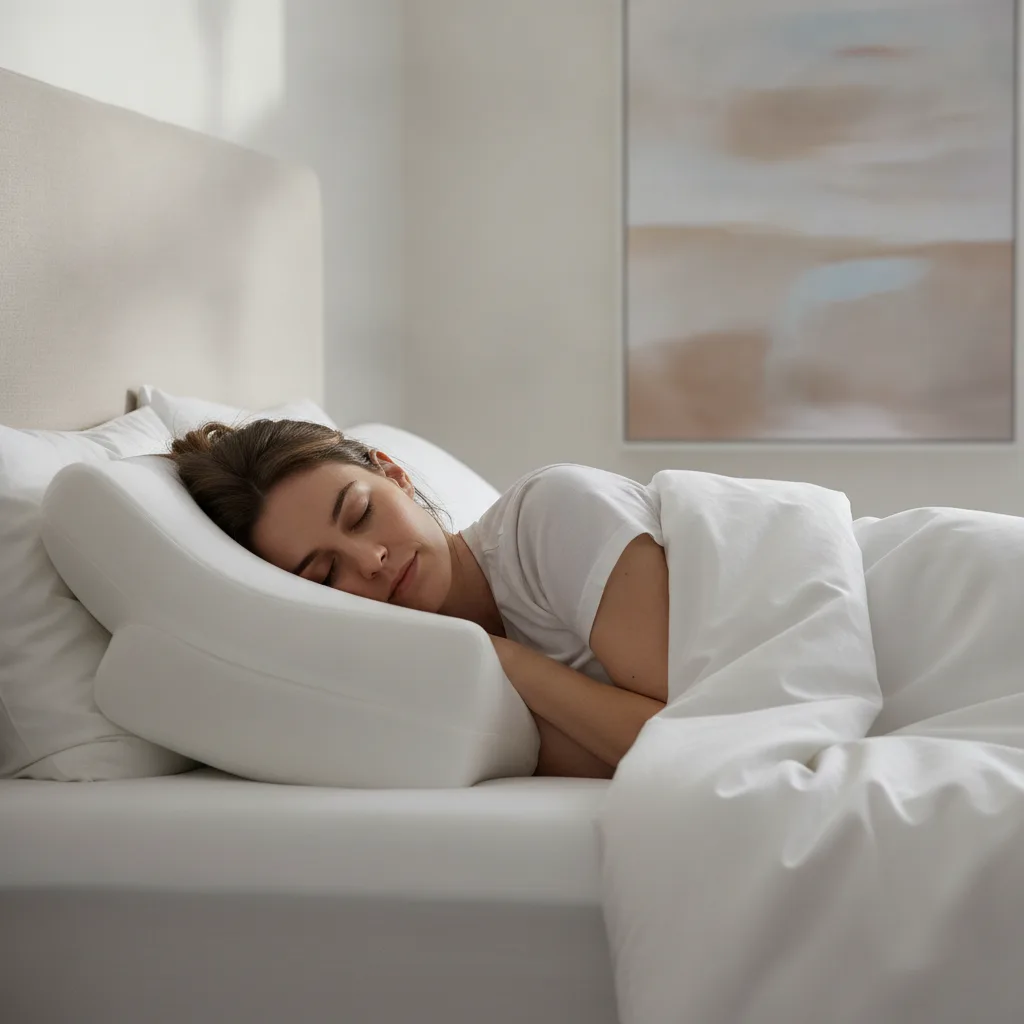 Seitenschläferin mit Kopf und Halswirbelsäule in einer geraden Linie auf einem ergonomischen Kissen.
