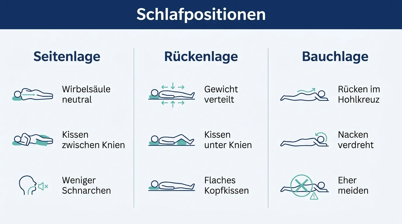 Infografik vergleicht Seitenlage, Rückenlage und Bauchlage und ihre Wirkung auf Rücken und Nacken