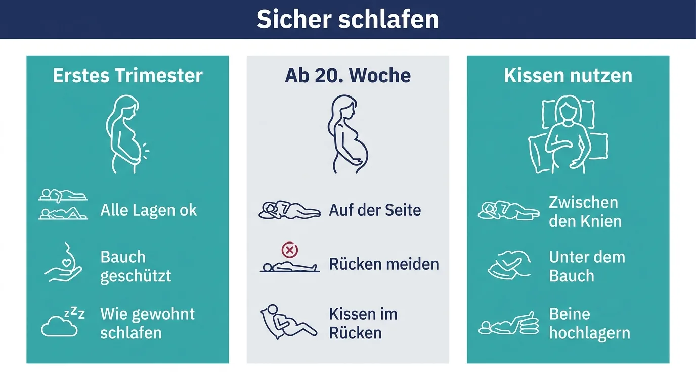 Infografik zu sicheren Schlafpositionen in der Schwangerschaft nach Schwangerschaftsphase.