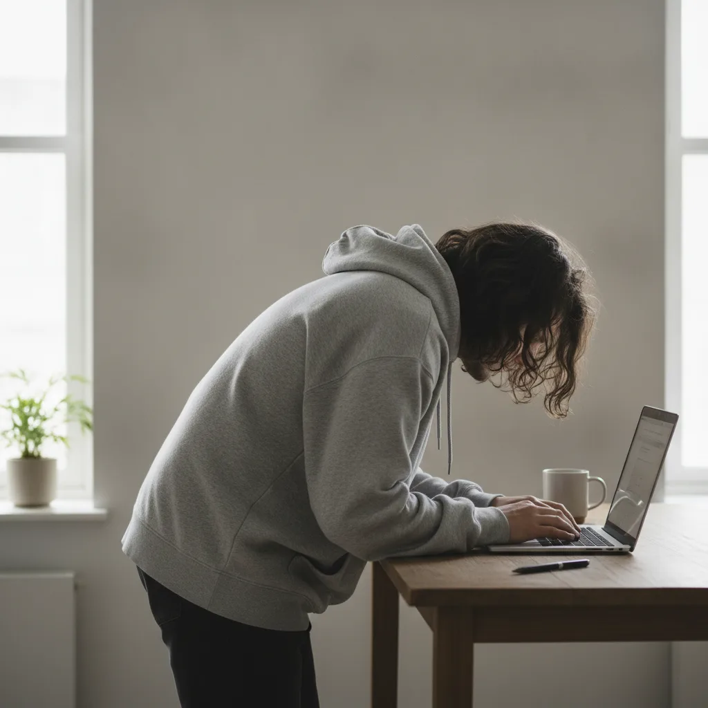 Person sitzt mit rundem Rücken und vorgebeugten Schultern am Schreibtisch vor dem Laptop.