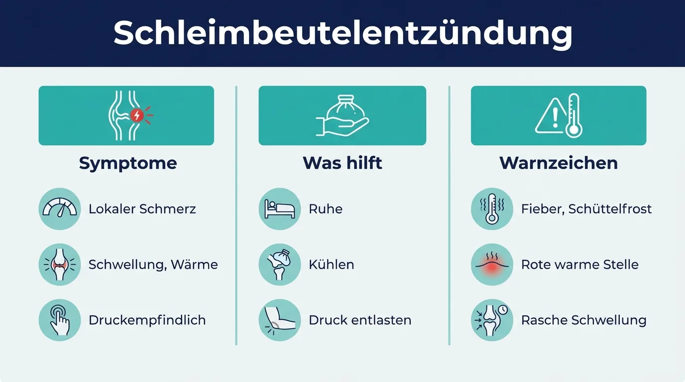 Infografik zur Schleimbeutelentzündung mit Symptomen, Hilfe und Warnzeichen.