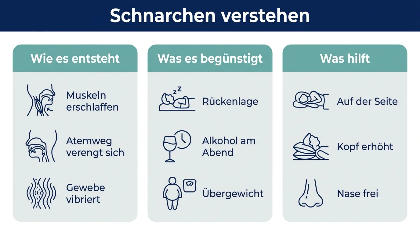 Infografik, die Entstehung, begünstigende Faktoren und die besten Gewohnheiten gegen Schnarchen zeigt.