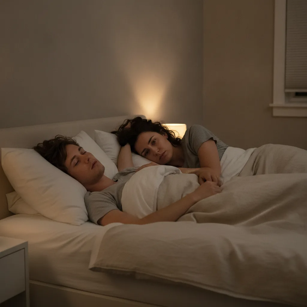 Paar im Bett bei Nacht, eine Person schläft auf dem Rücken und schnarcht, die andere liegt wach.