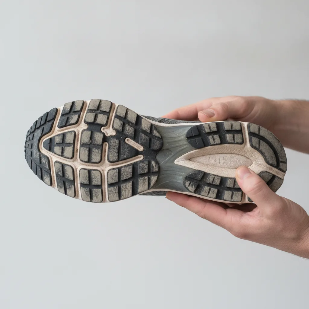 Nahaufnahme einer Schuhsohle, deren Außenkante stärker abgelaufen ist als der Rest.