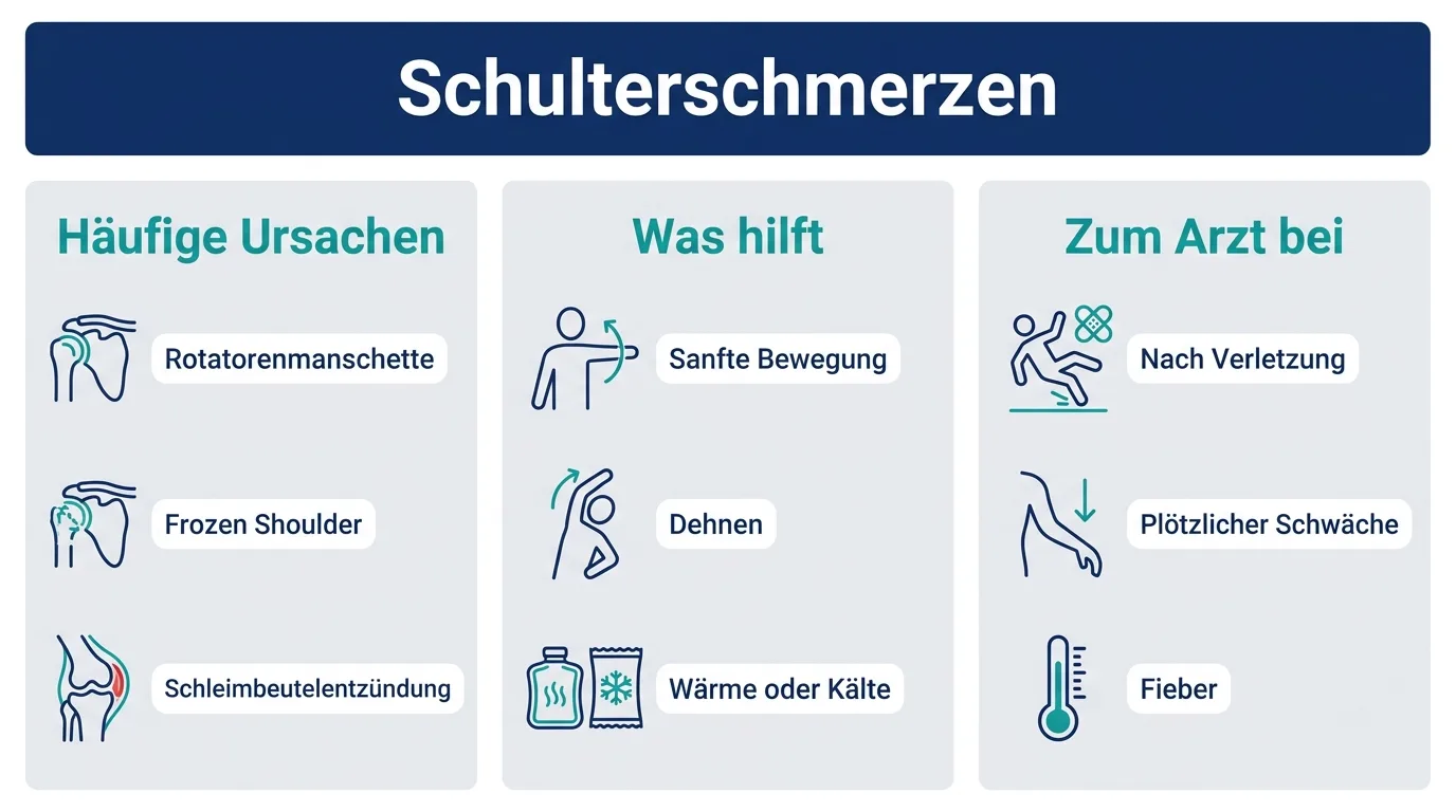 Übersicht zu Schulterschmerzen mit häufigen Ursachen, hilfreichen Maßnahmen und Warnzeichen für den Arztbesuch.