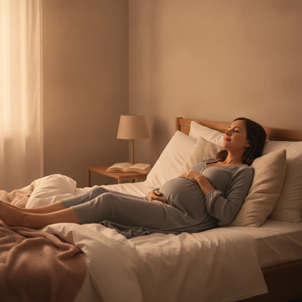 Schwangere Frau ruht abends mit auf einem Kissen hochgelagerten Beinen im Bett.