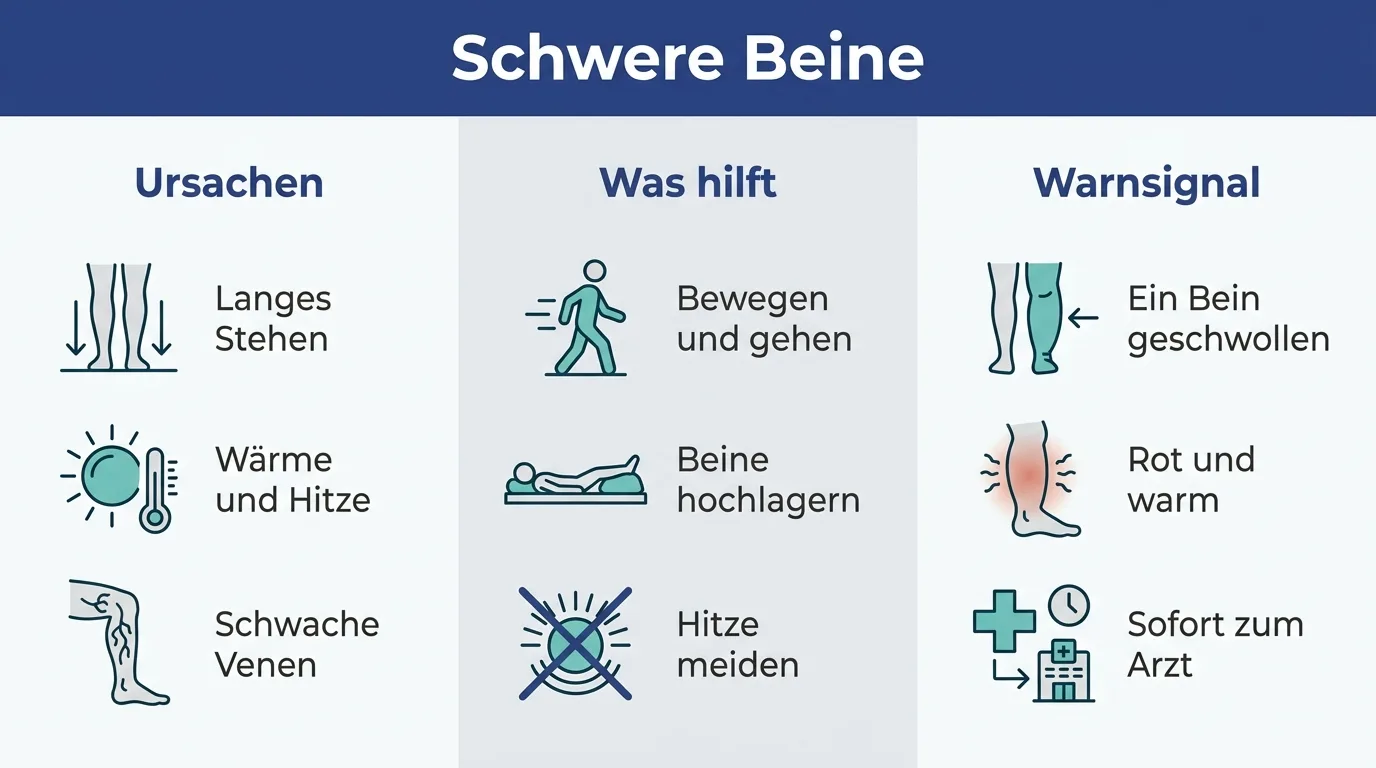 Infografik zu schweren Beinen mit Ursachen, hilfreichen Maßnahmen und dem wichtigsten Warnsignal für eine Thrombose.