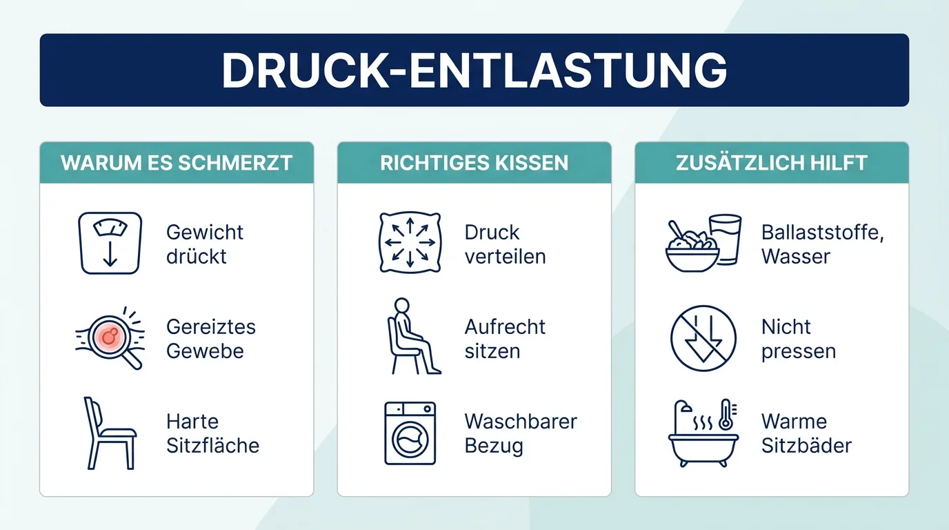 Infografik zeigt in drei Schritten, wie ein Sitzkissen bei Hämorrhoiden entlastet.