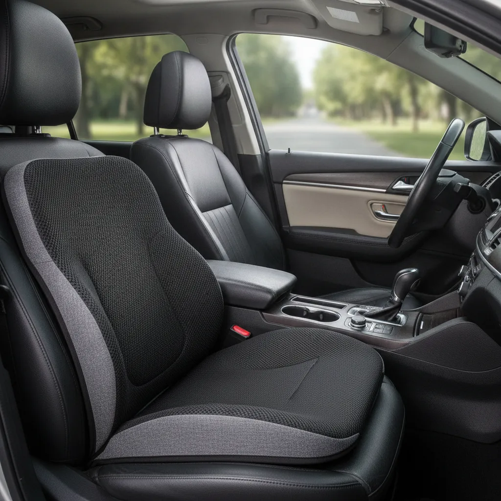 Ein ergonomisches Sitzkissen liegt auf dem Fahrersitz in einem Auto.