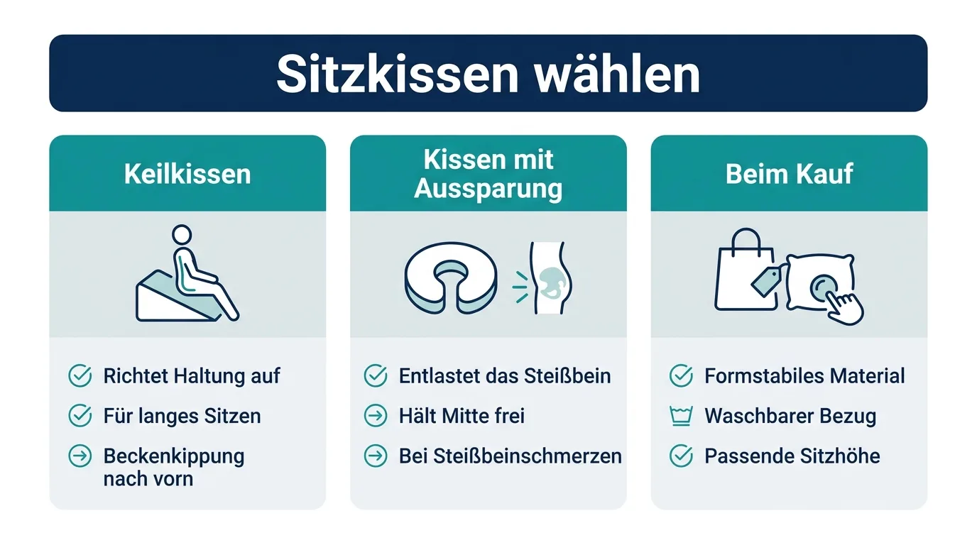 Infografik zeigt die gängigen Sitzkissen-Typen mit ihrer Wirkung und ihren Einsatzzwecken.