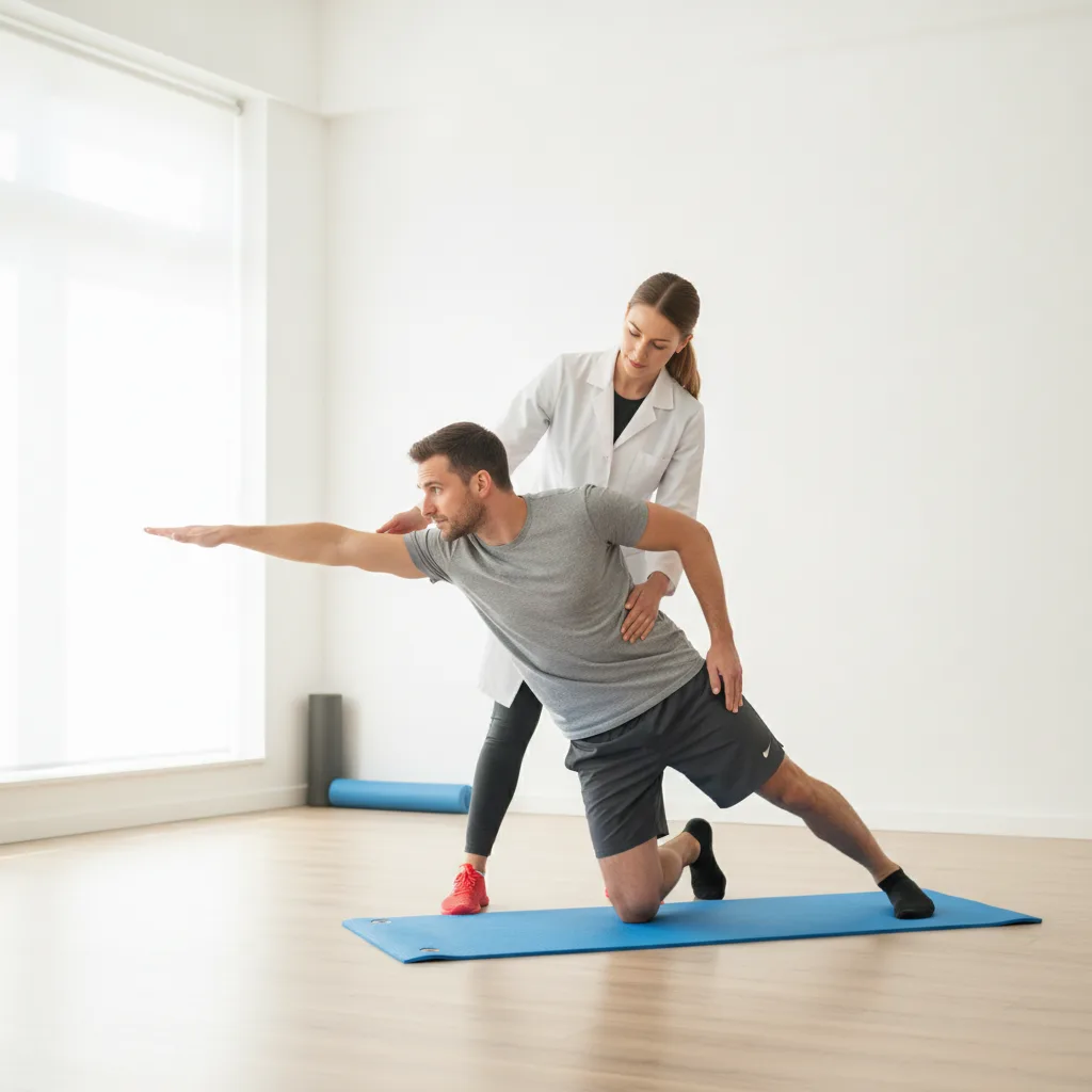 Erwachsene Person macht unter Anleitung einer Physiotherapeutin eine Rückenübung zur Stärkung der Rumpfmuskulatur.