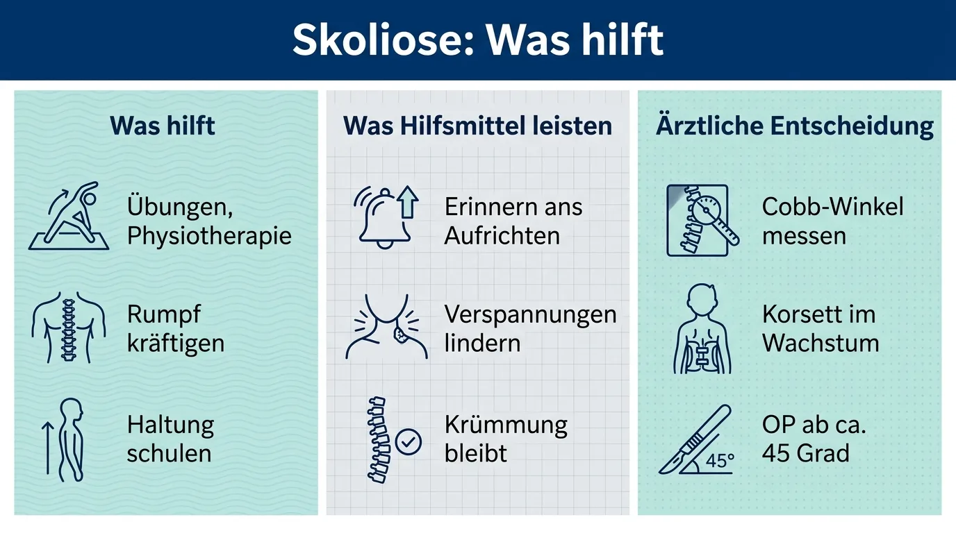 Infografik zeigt in drei Spalten, was bei Skoliose hilft, was Haltungshilfen leisten und wann eine ärztliche Entscheidung nötig ist.