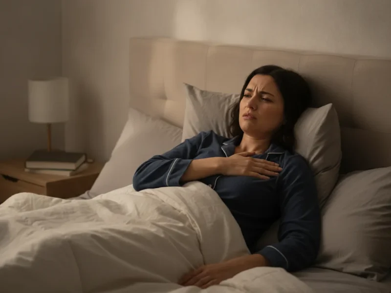 Person liegt nachts im Bett und hält sich mit schmerzverzerrtem Blick die obere Brust wegen Sodbrennen.