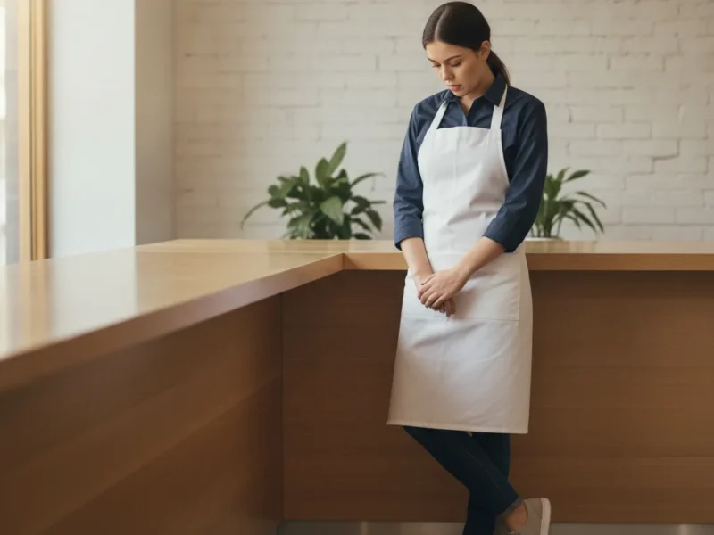 Person in einem Stehberuf steht am Arbeitsplatz und stützt sich wegen müder Beine leicht ab.