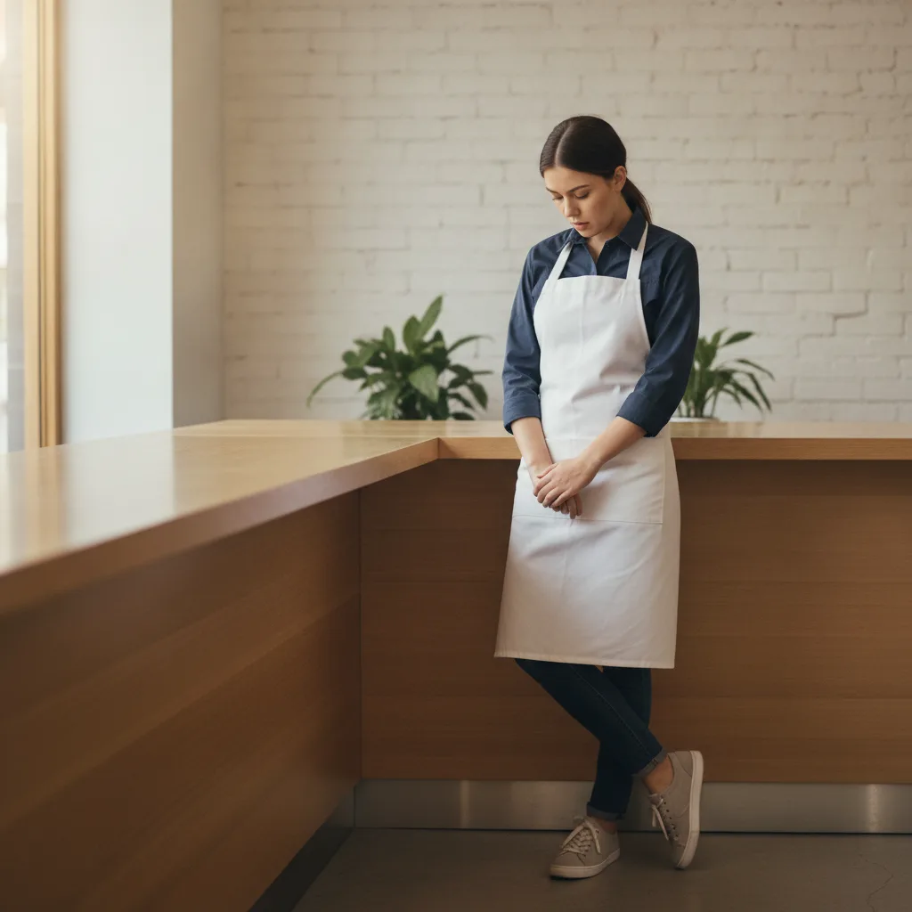 Person in einem Stehberuf steht am Arbeitsplatz und stützt sich wegen müder Beine leicht ab.
