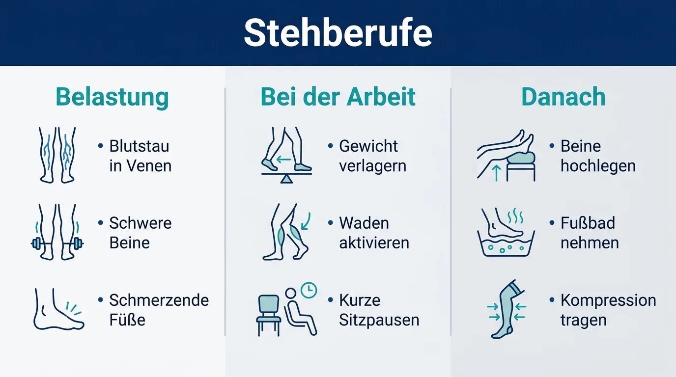 Infografik zu Stehberufen mit Belastung der Beine, Maßnahmen bei der Arbeit und Entlastung danach.