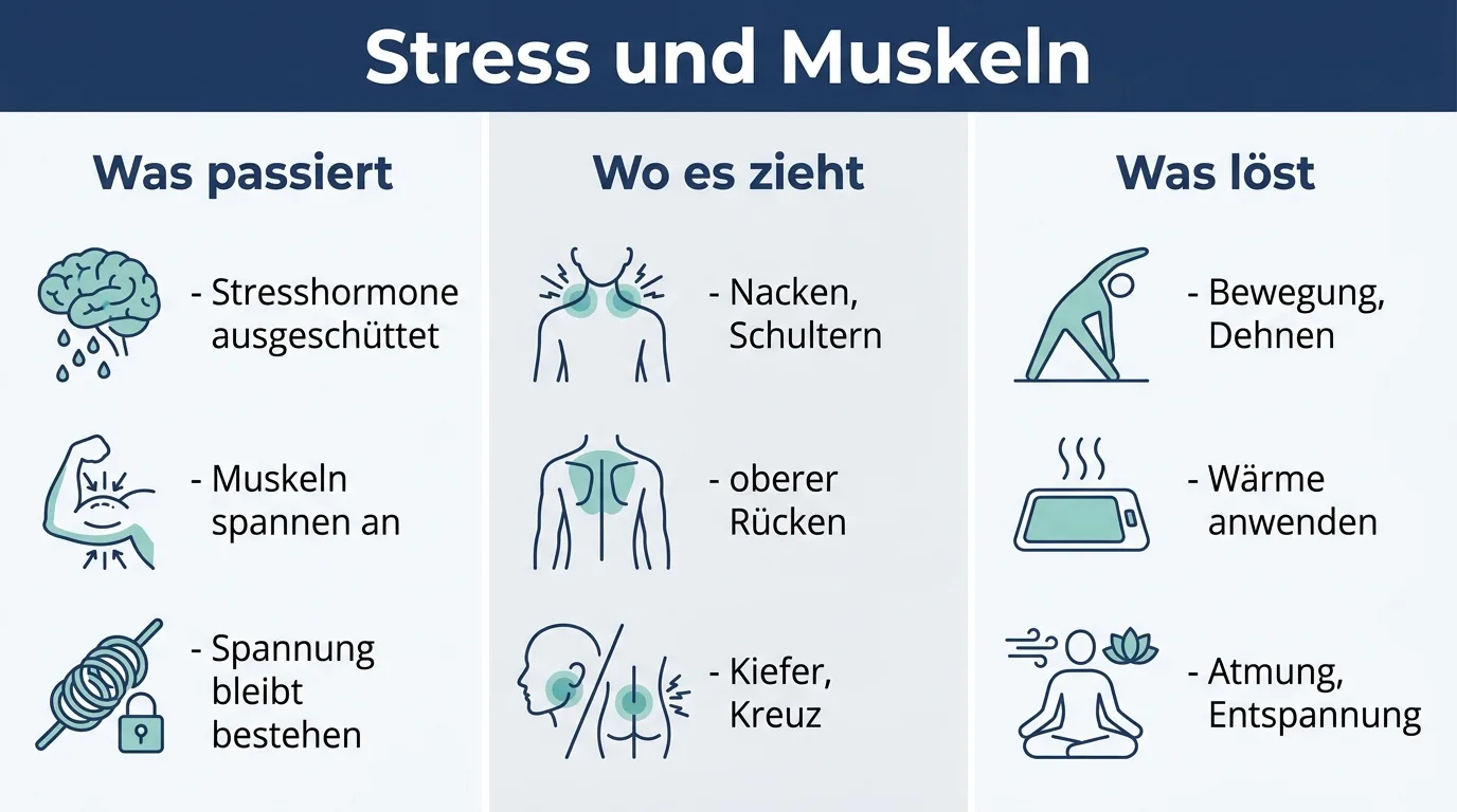 Infografik zeigt, wie Stress die Muskeln anspannt und wie Bewegung, Wärme und Entspannung die Verspannung lösen.