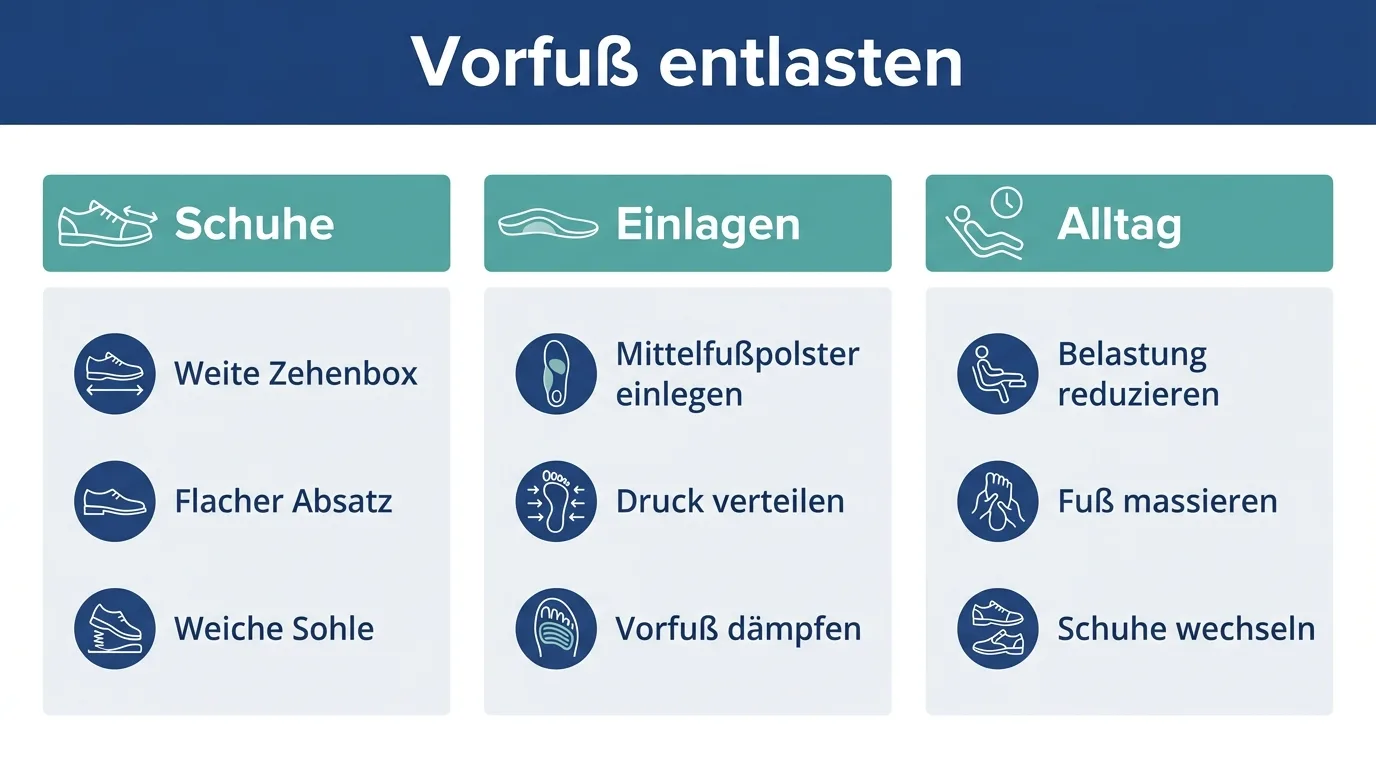 Infografik zeigt drei Wege, den Vorfuß bei einem Morton-Neurom zu entlasten.