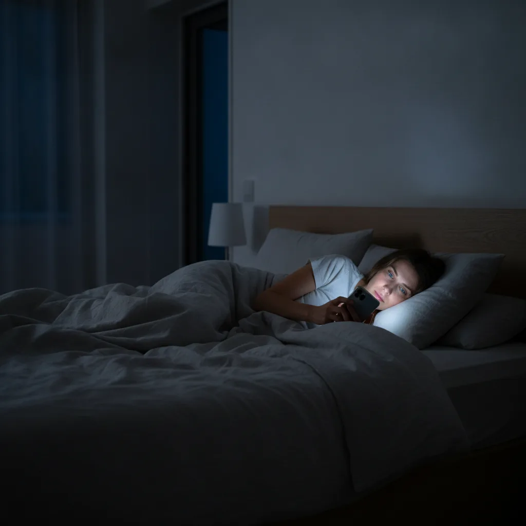 Wach liegende Person schaut nachts auf ein leuchtendes Smartphone im dunklen Schlafzimmer.