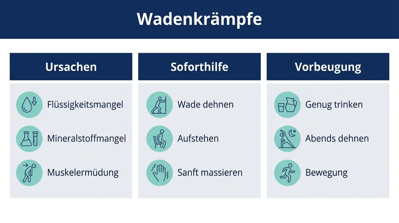 Infografik zu nächtlichen Wadenkrämpfen mit Ursachen, Soforthilfe und Vorbeugung.
