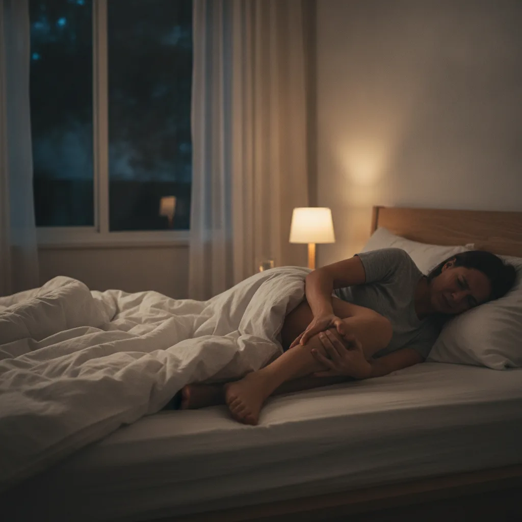 Eine Person greift sich nachts im Bett an die von einem Krampf betroffene Wade.
