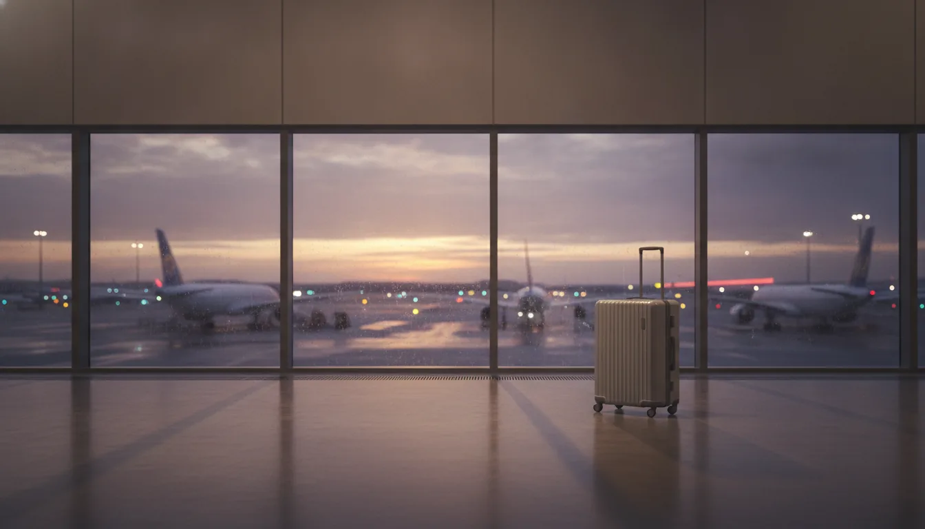 Reisekoffer am Flughafenfenster bei Abenddämmerung